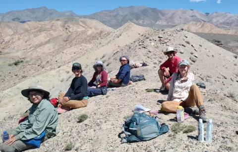 Members of the Mongolia research team representatives from Lehigh University, Colorado State University, University of California Irvine, and the Mongolian Institute of Astronomy and Geophysics on a ridge in the Zereg Basin, Mongolia.