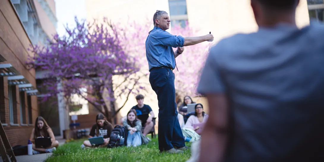 Professor Frank Pazzaglia teaching a class outside at Lehigh University